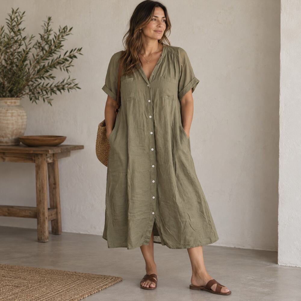 TALBOTS Button Front Shirt Dress Linen Olive Green Sz 22W $199 {JJ25}